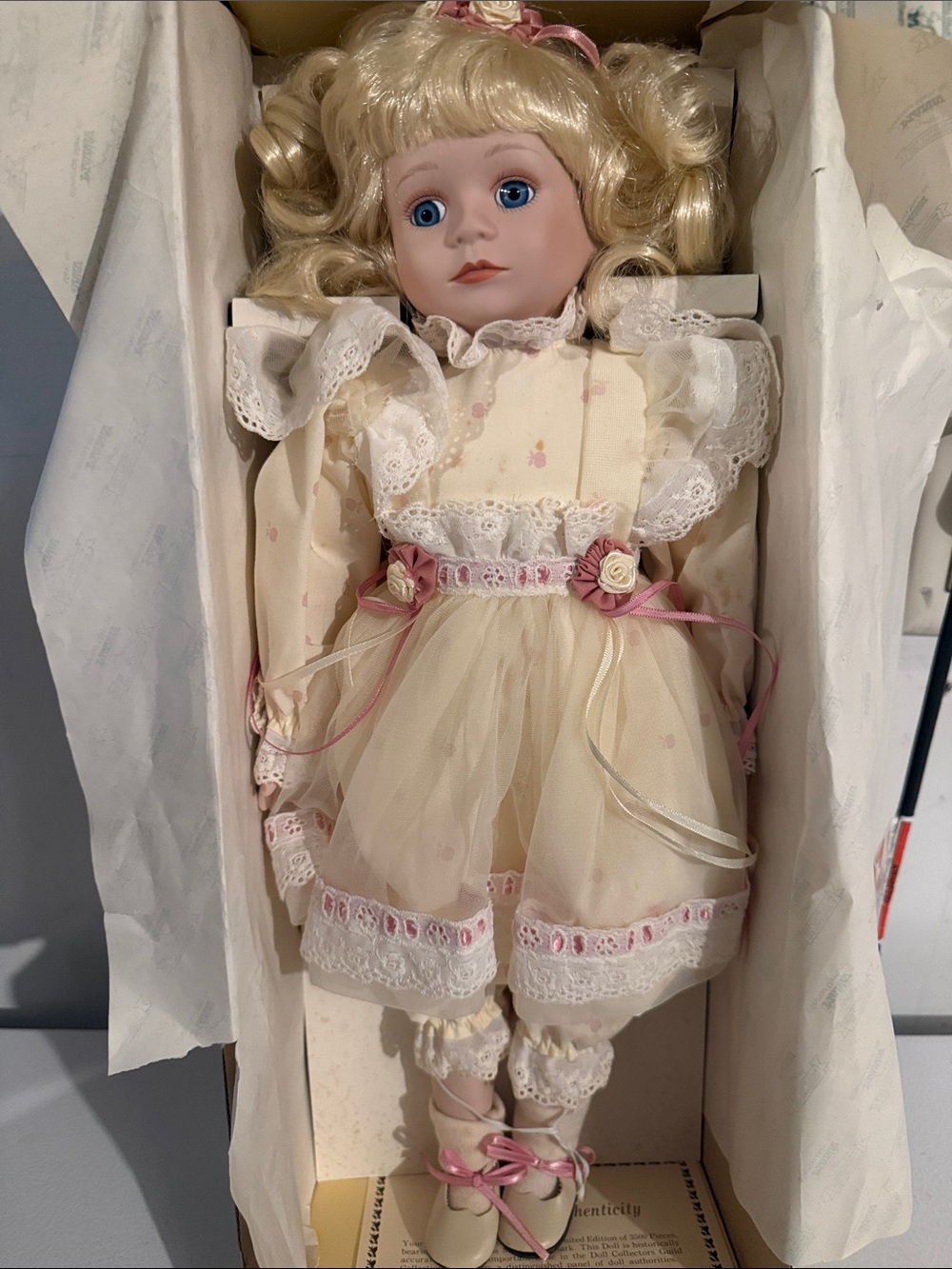 Seymour Mann Doll Porcelain Doll in Cream Dress with Pink Accents